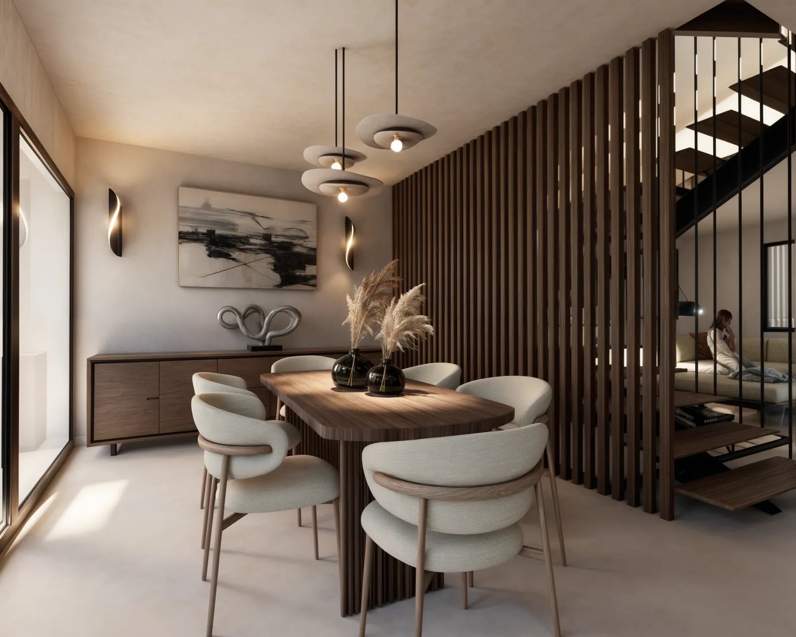 Render 3D de un comedor con lámparas colgantes y celosía de madera