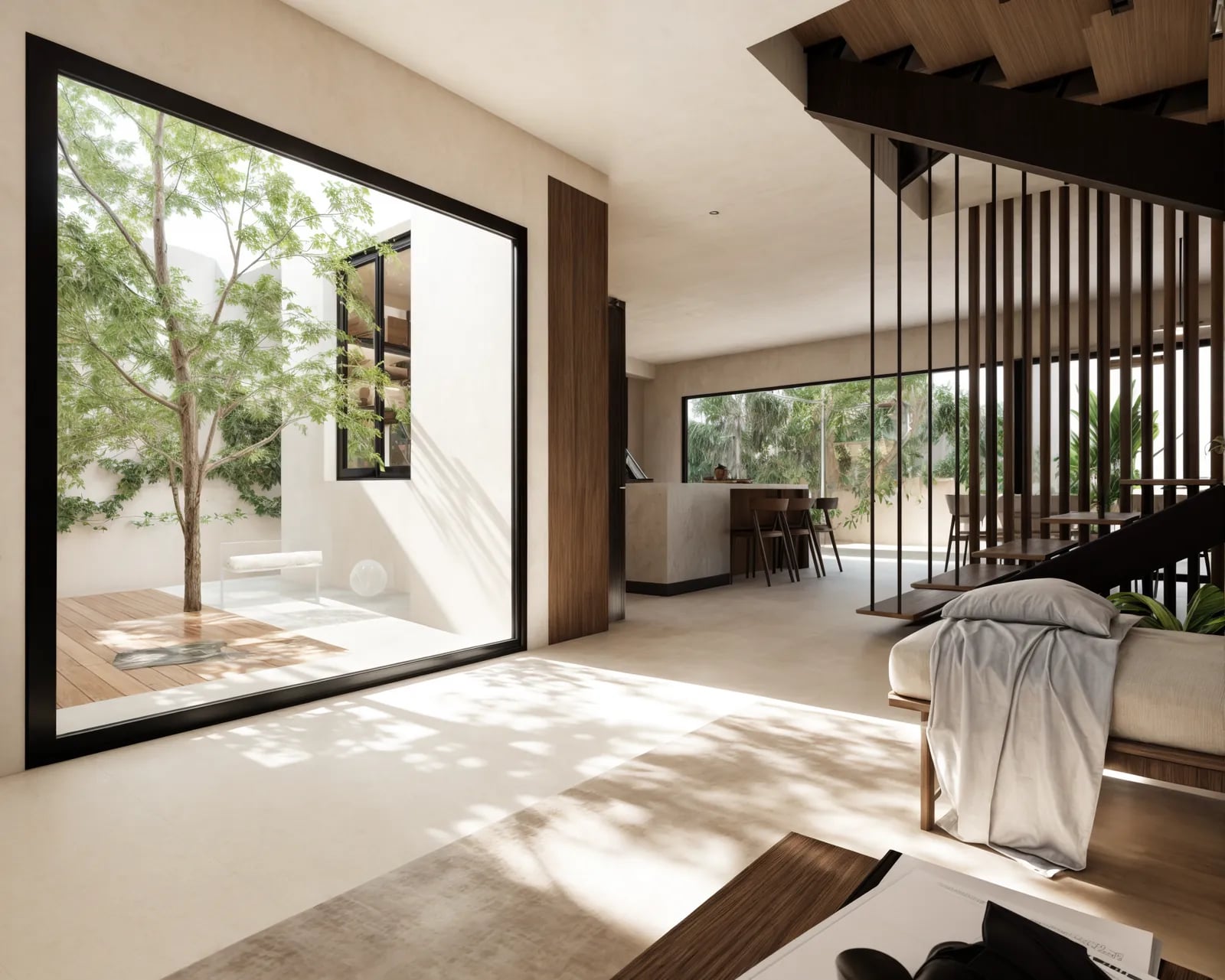 Render 3D de una sala con ventanal hacia el patio en una casa nueva